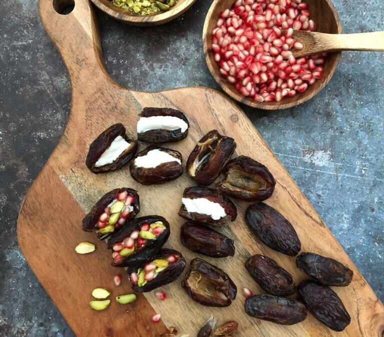 Dates Stuffed with Pistachios and Pomegranate Seeds